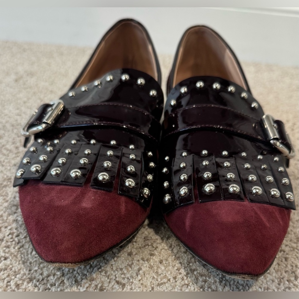 Napoleoni Italian Maroon Leather Studded Fringe Kiltie Buckle Loafer Flat 8/8.5 - Picture 6 of 10